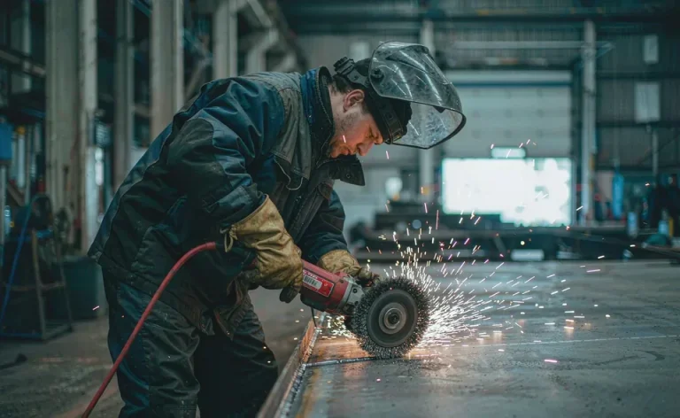 Worker using single row knotted wire cup brush on steel weld