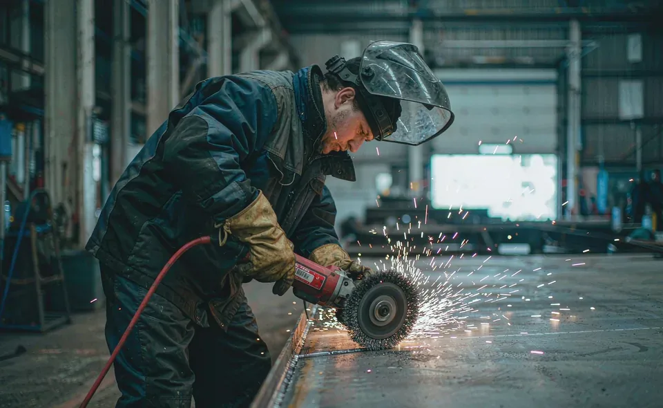 Worker using single row knotted wire cup brush on steel weld