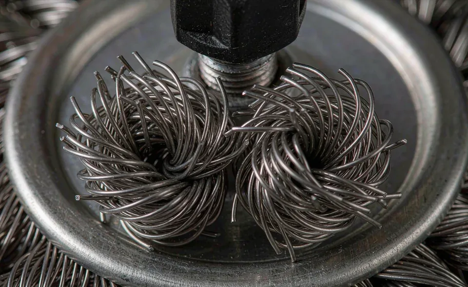 Macro detail of knotted wire tufts on cup brush